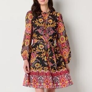 Maia Bohemian Long Sleeve Floral Fit and Flare Dress size 10 New Without Tags